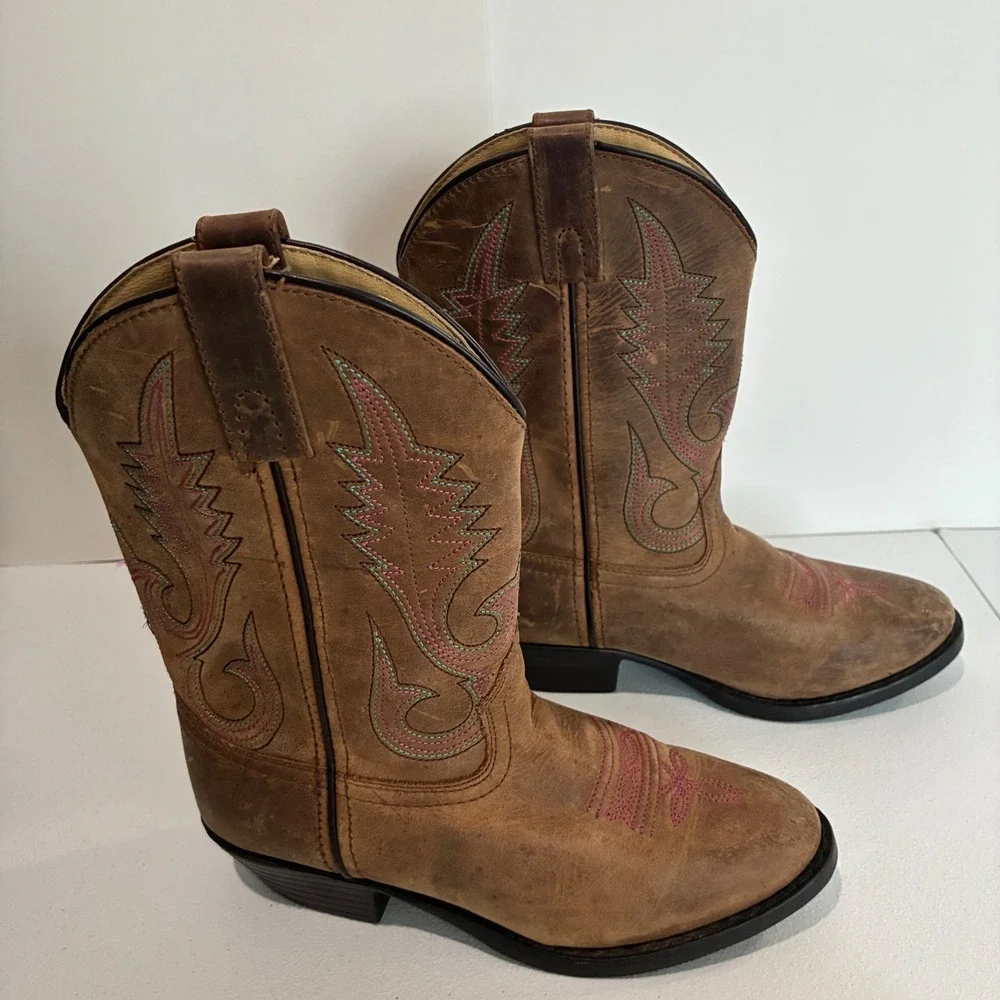 Smoky Mountain Cowboy Boots Girls 2.5 Brown Leather Western Pink Stitch 3531C